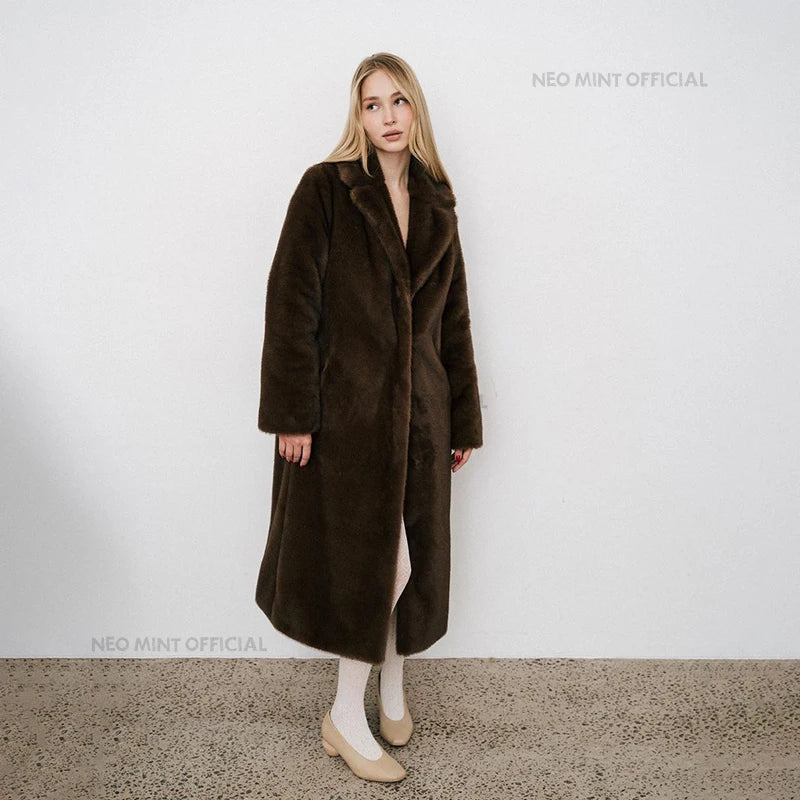 Neo Mint Luxury Faux Mink Fur Coat - Women's Long Winter Overcoat with Crystal Hooks