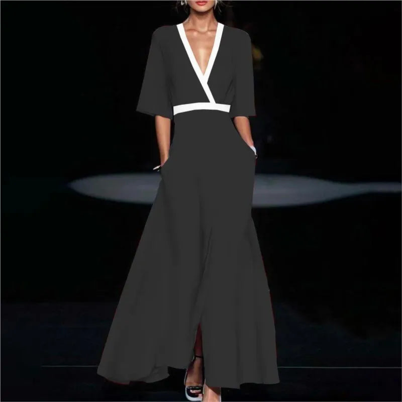 V-Neck Short Sleeve A-Line Maxi Dress – Casual Spring/Summer Wear