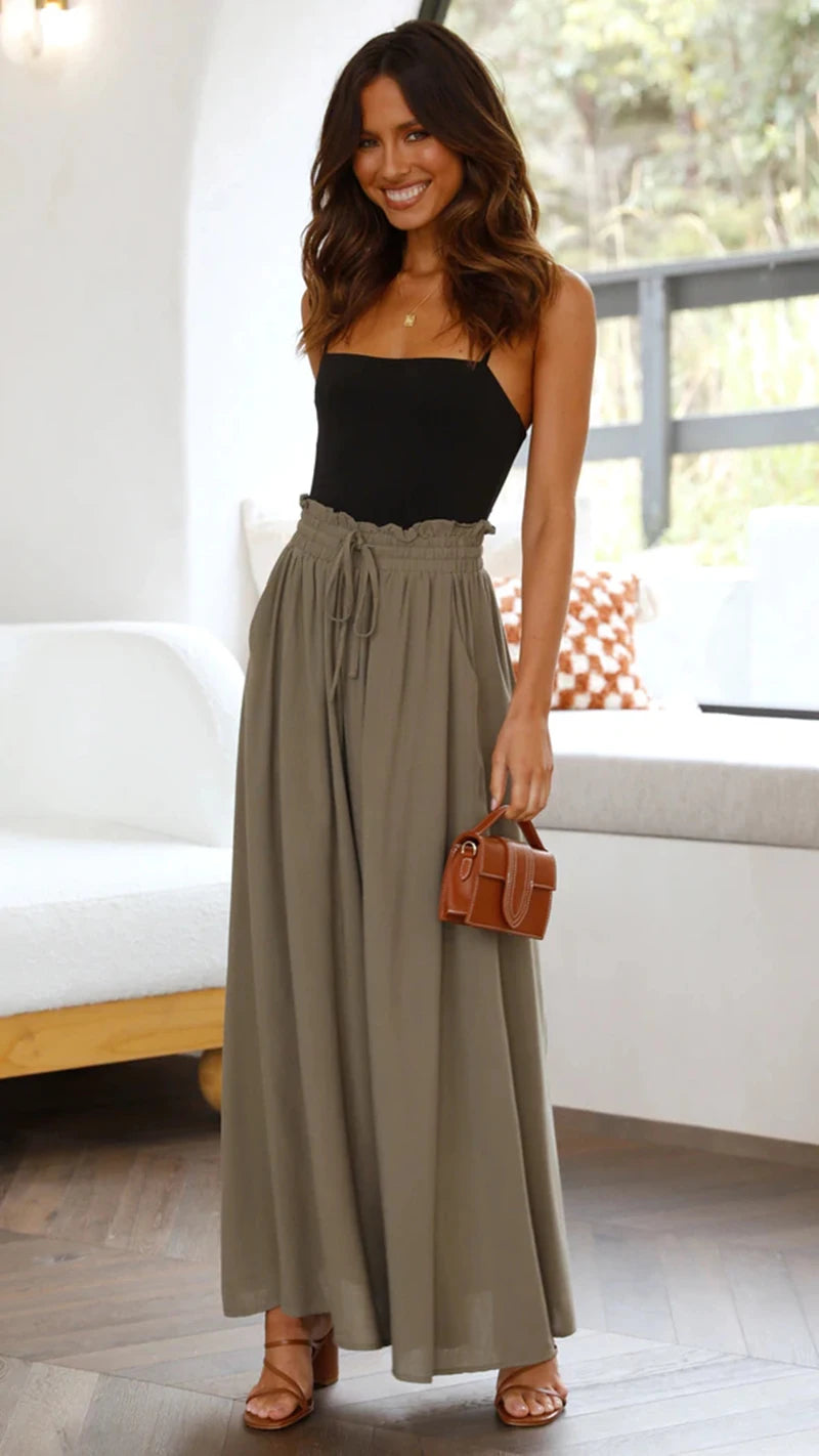 High Waist Wide Leg Pants - Elastic Waistband Summer Trousers