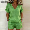 Women's Two-Piece Short-Sleeve V-Neck Shorts (Khaki) | OWNLUXE