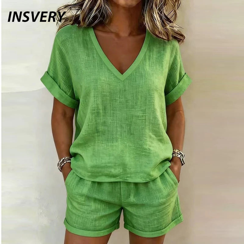 Women's Two-Piece Short-Sleeve V-Neck Shorts (Khaki) | OWNLUXE