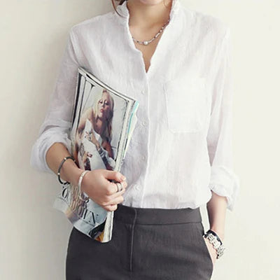 Women's Pleated Cotton-Spandex Blouse – Classic Turn-Down Collar Shirt