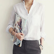 Women's Pleated Cotton-Spandex Blouse – Classic Turn-Down Collar Shirt