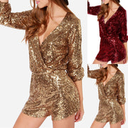 Low Neckline Sequin Romper – Deep V-Neck Bodycon One-Piece