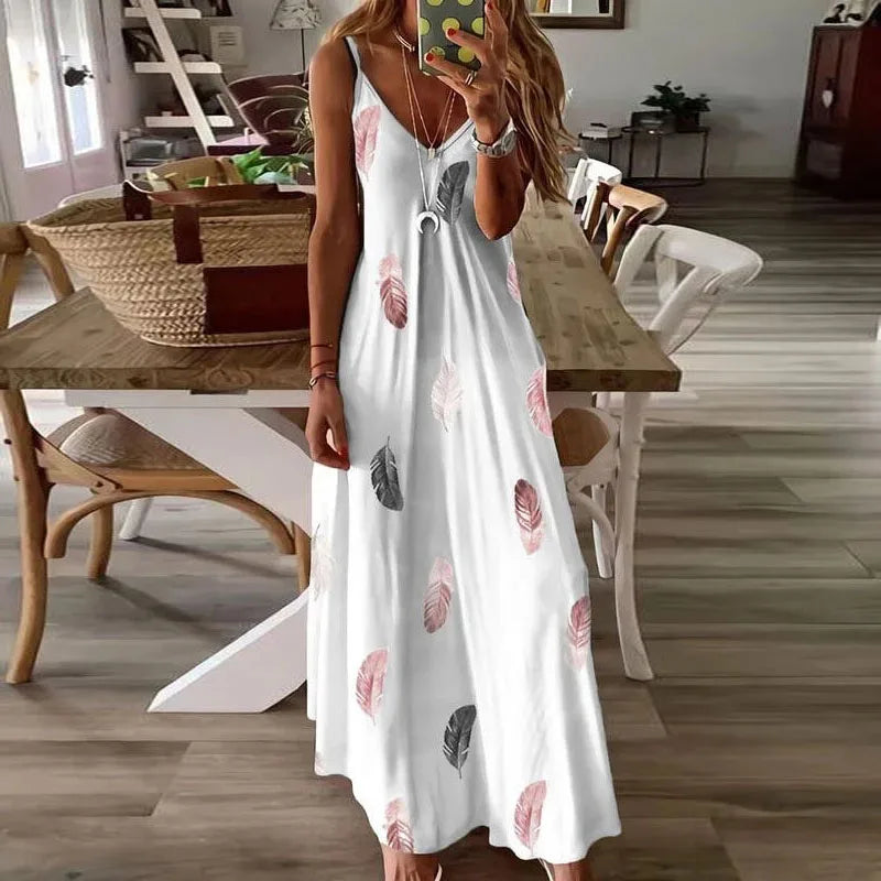 Elegant Office Lady Ankle Length Printed V-Neck Dress – Perfect for Senior Women