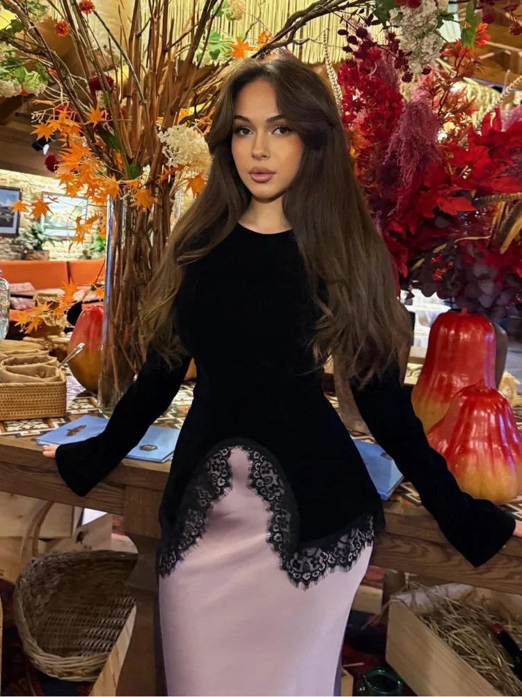 Sexy Black Lace Patchwork Slim Shirt Women Elegant Round Neck Long Sleeve Irregular Hem Top 2026 Lady Spring Autumn Chic Wear