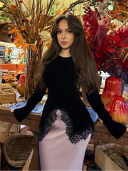 Sexy Black Lace Patchwork Slim Shirt Women Elegant Round Neck Long Sleeve Irregular Hem Top 2026 Lady Spring Autumn Chic Wear