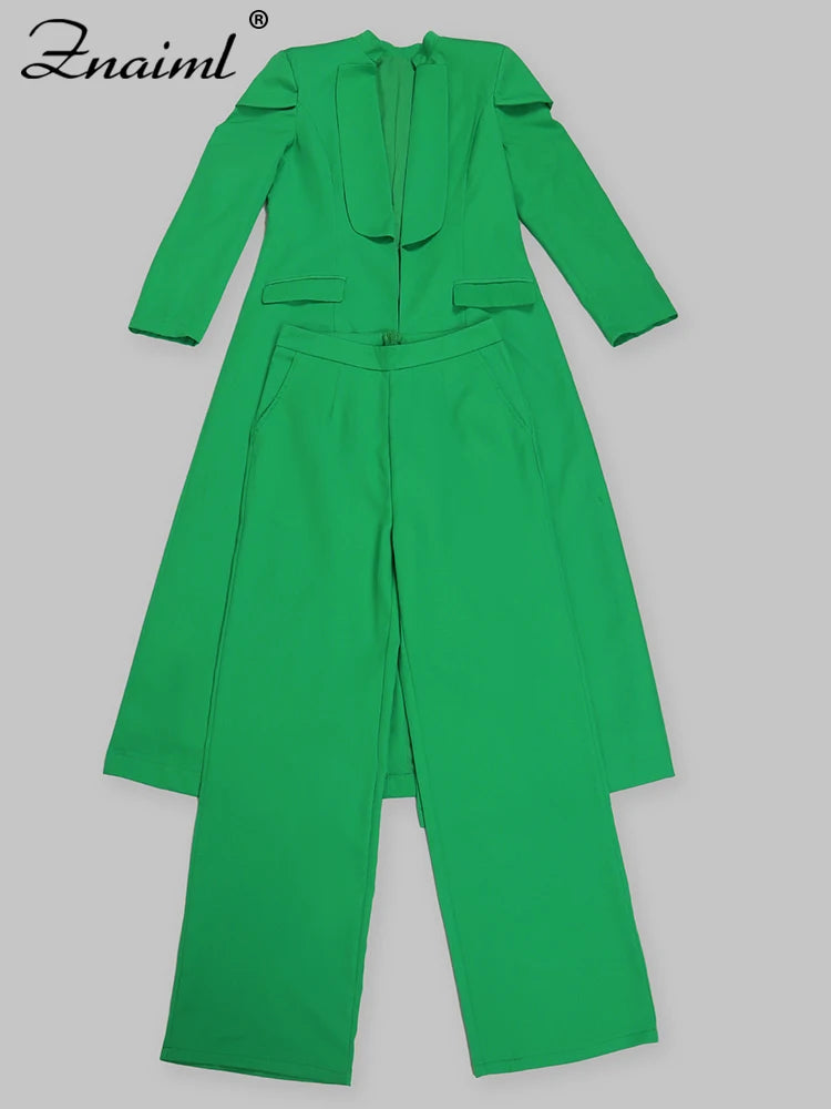 Women’s Woven Office Set – Long Top & Wide-Leg Pants