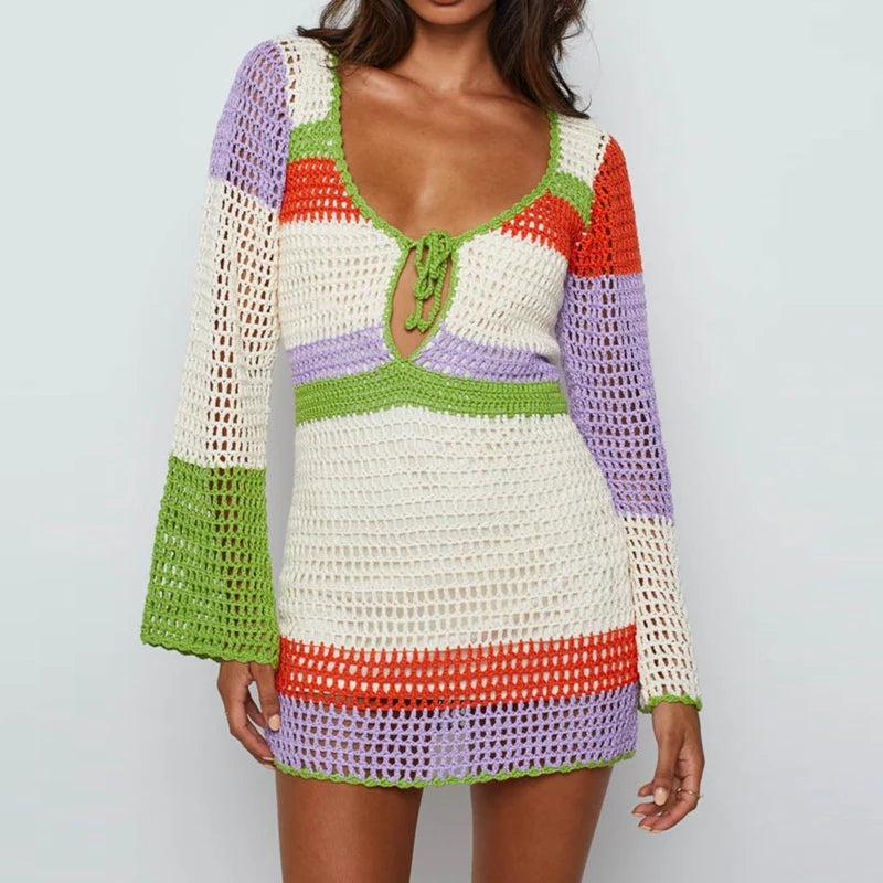 Striped Boho Mini Dress with Hollow Out Detail – V-Neck, Long Sleeve, Slim Fit