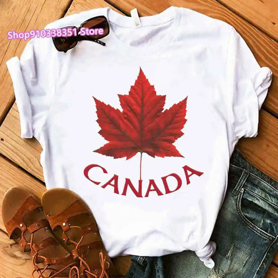 Fashion Canada Maple Leaf Flag Print Women T-Shirt O-Neck Short Sleeve | OWNLUXE