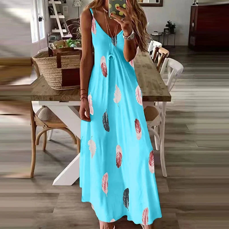 Elegant Printed Ankle-Length Beach Dress – Loose Fit V-Neck Camisole