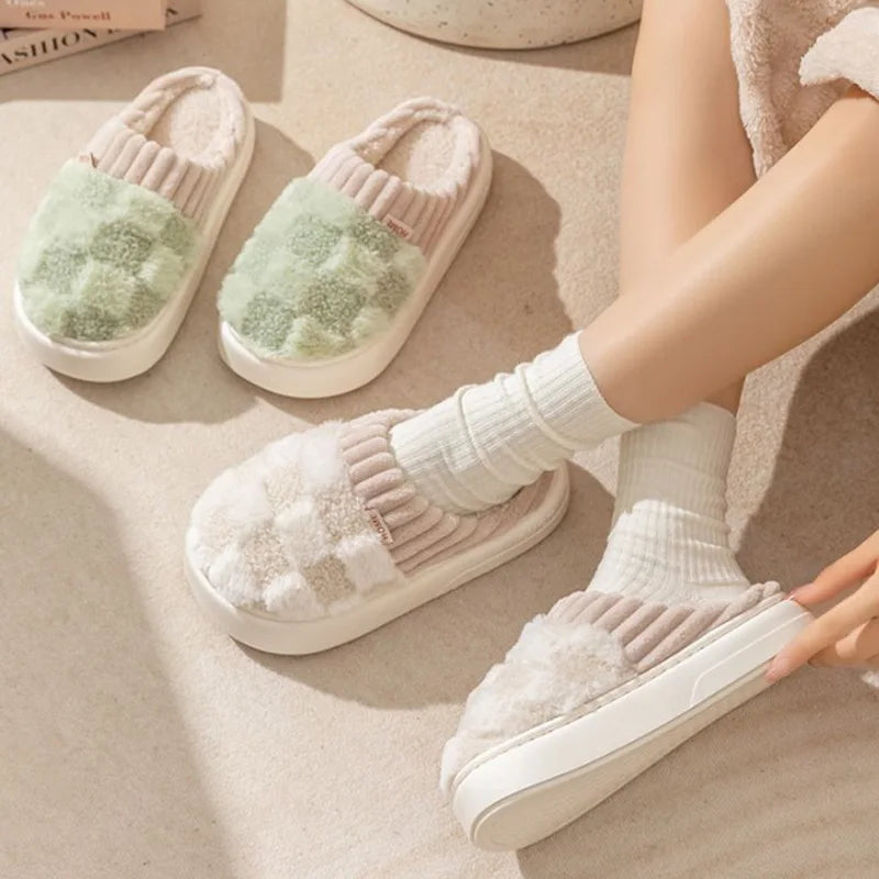 Couple Winter Plaid Slippers – Warm Fluffy Indoor Slides