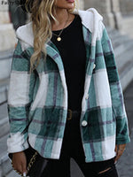 Load image into Gallery viewer, FairyShely 2025 Autumn Women Plaid Patchwork Jacket Thick Plush Warm Long Sleeve Coat Winter Ladies Single Breasted Hooded Coat
