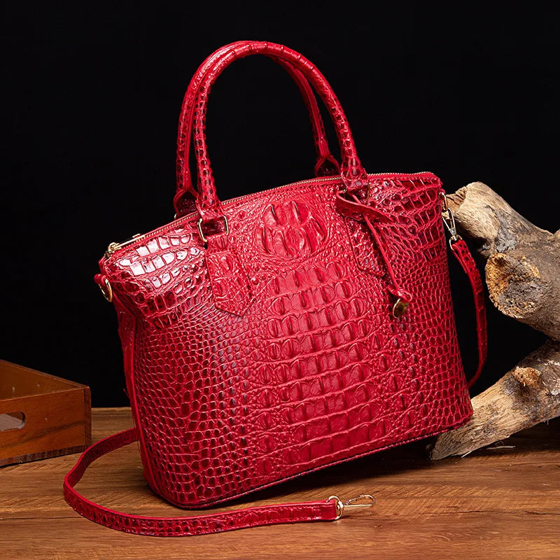 Crocodile Embossed Leather Handbag - Classic Shoulder Bag