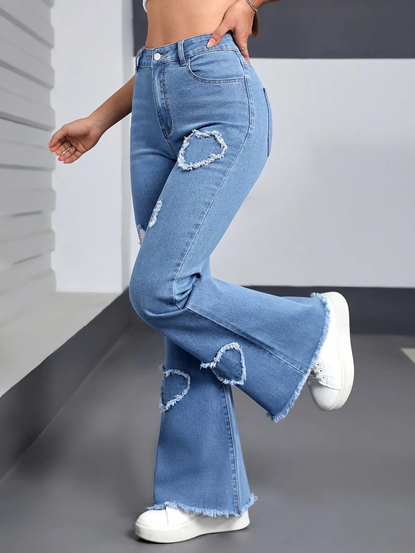 Denim Flared Jeans - High Waist Distressed Boot Cut Pants