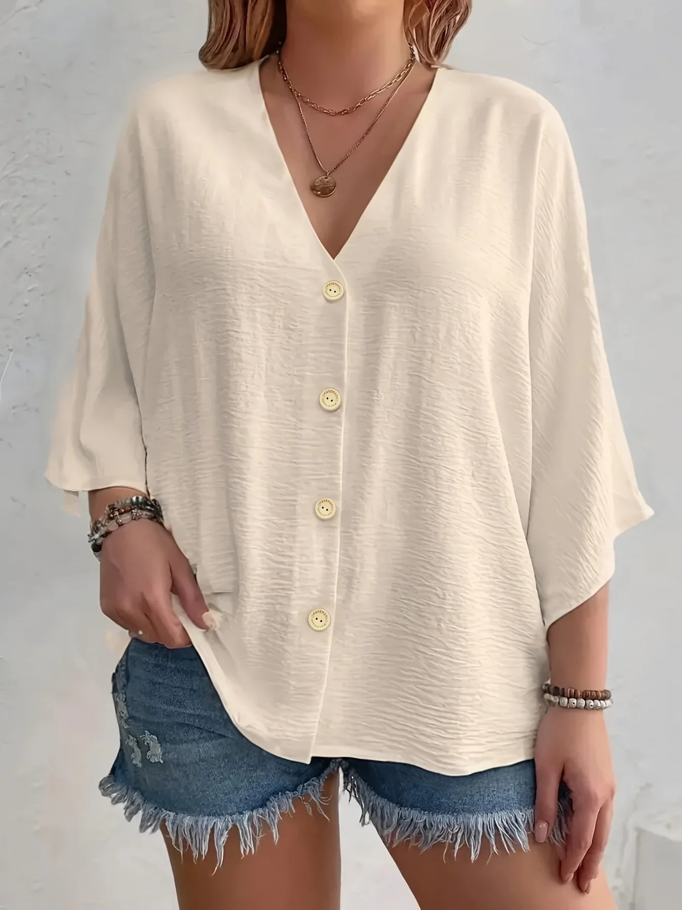 V-Neck Button-Front Loose Blouse – Casual Comfort