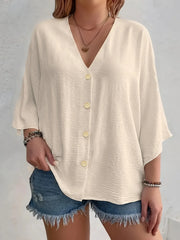 V-Neck Button-Front Loose Blouse – Casual Comfort