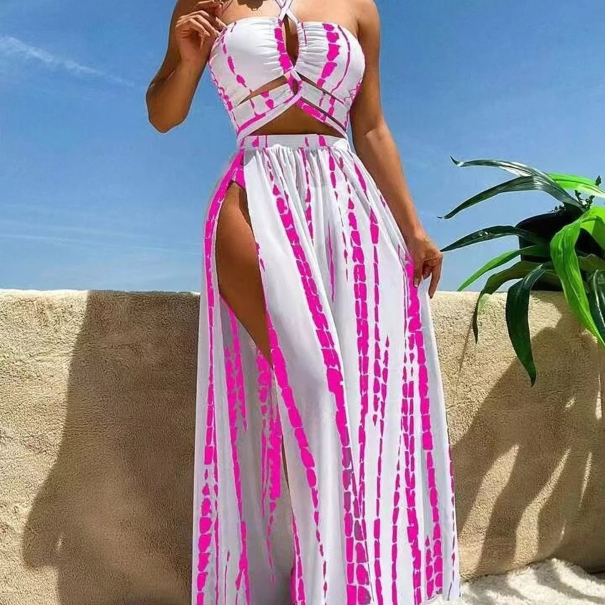 Vela Vikinis Sexy Blue 3 Piece Bikini Set with Padded Bra, High Waist Striped Bottoms & Skirt Women's Swimsuit 2025