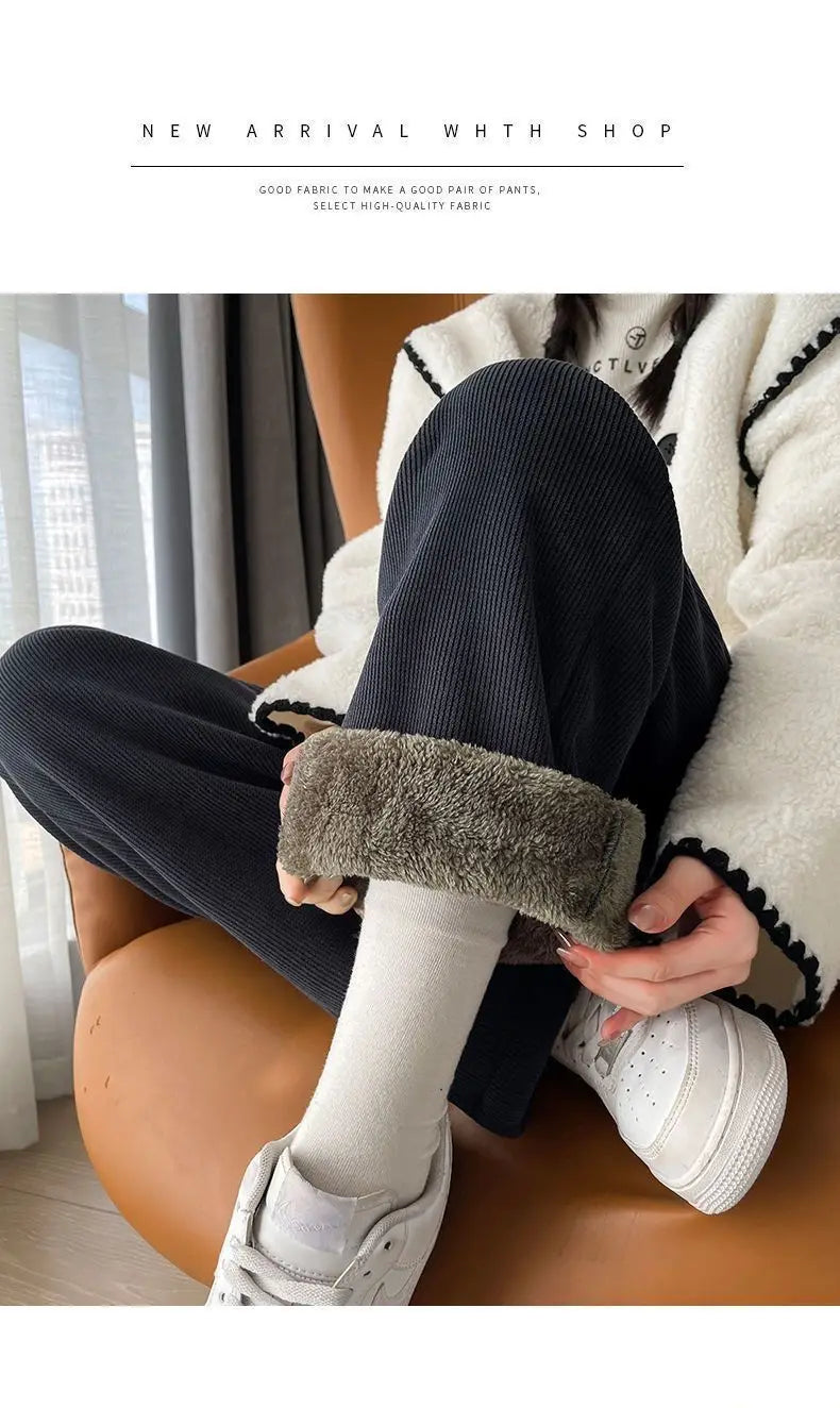 Women's Lamb Velvet Wide Leg Pants - Fleece Lined Winter Trousers