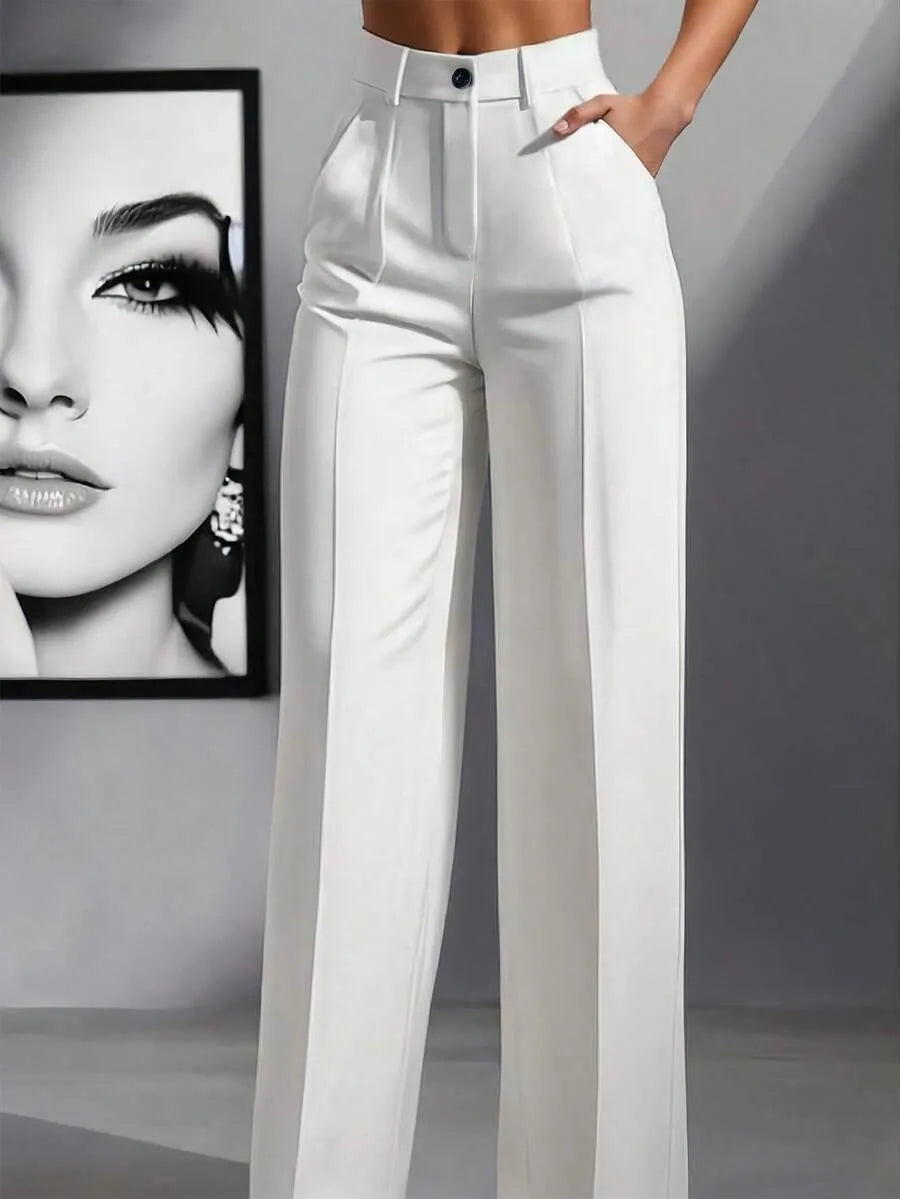 Women's High Waist Work Trousers - Casual Loose Fit Pants with Pockets