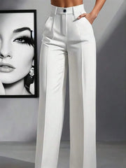 Women's High Waist Work Trousers - Casual Loose Fit Pants with Pockets