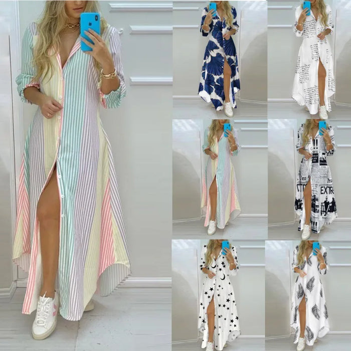 Bohemian Striped A-Line Knit Dress – Ankle-Length Elegance
