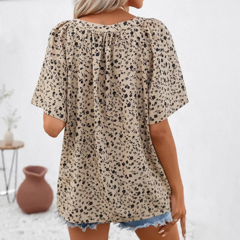 Plus Size Floral Summer Pullover with Stand Collar