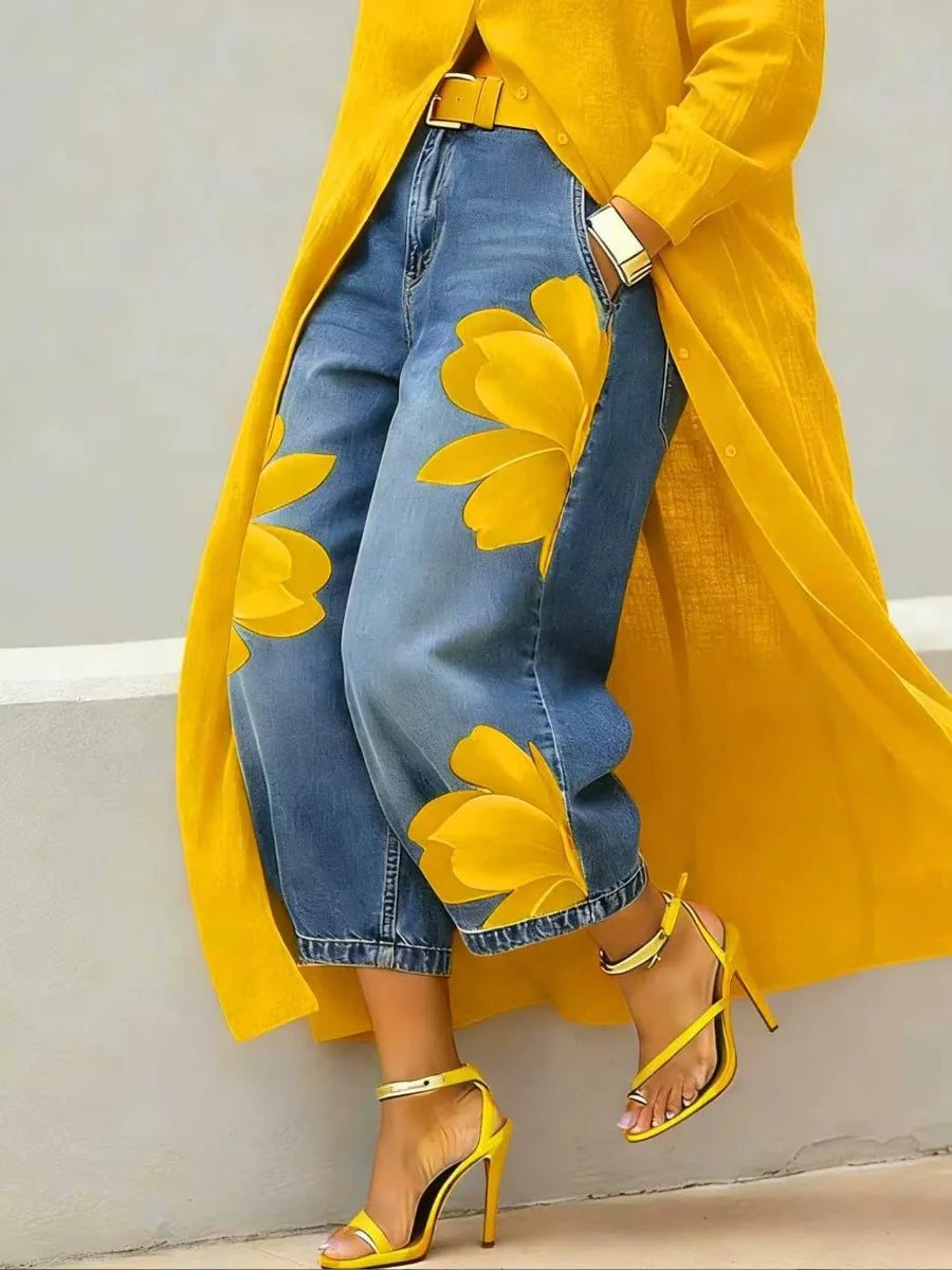 Women's High Waist Wide Leg Denim Pants (Yellow) | OWNLUXE
