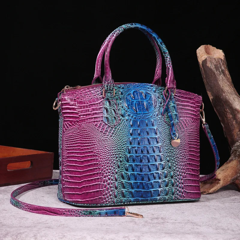 Crocodile Embossed Leather Handbag - Classic Shoulder Bag