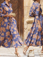 Printed A-Line Mid-Calf Dress with Turn-Down Collar