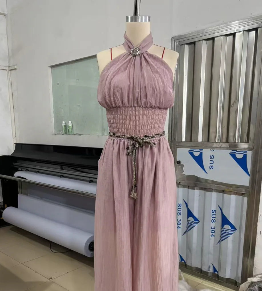 Boho Halter Backless Pleated Jumpsuit | OWNLUXE