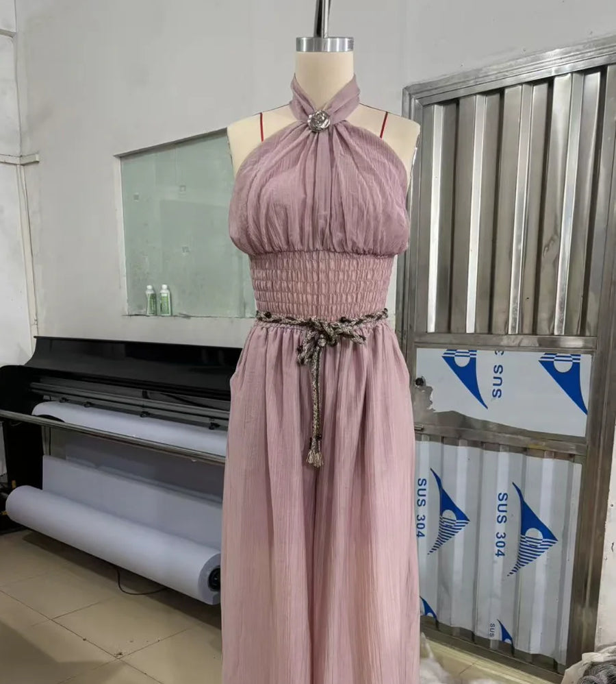 Boho Halter Backless Pleated Jumpsuit | OWNLUXE