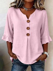 Button V-Neck Linen Lightweight Blouse | OWNLUXE