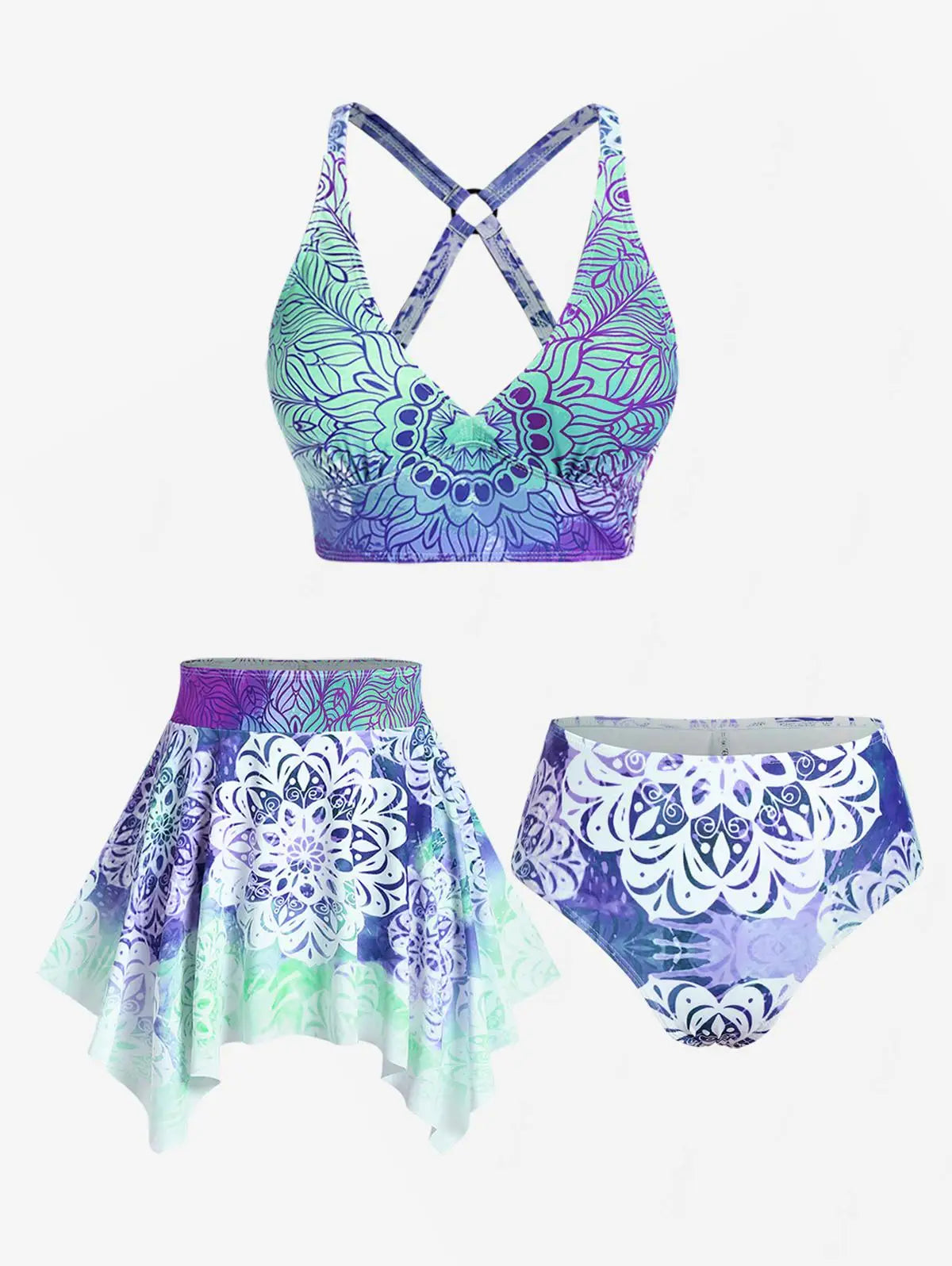 Plus Size Women's Three-Piece Padded Tankini Swimsuit Stripe Colorblock Bikinis Set, Or Purple Ethnic Printed Swimwears