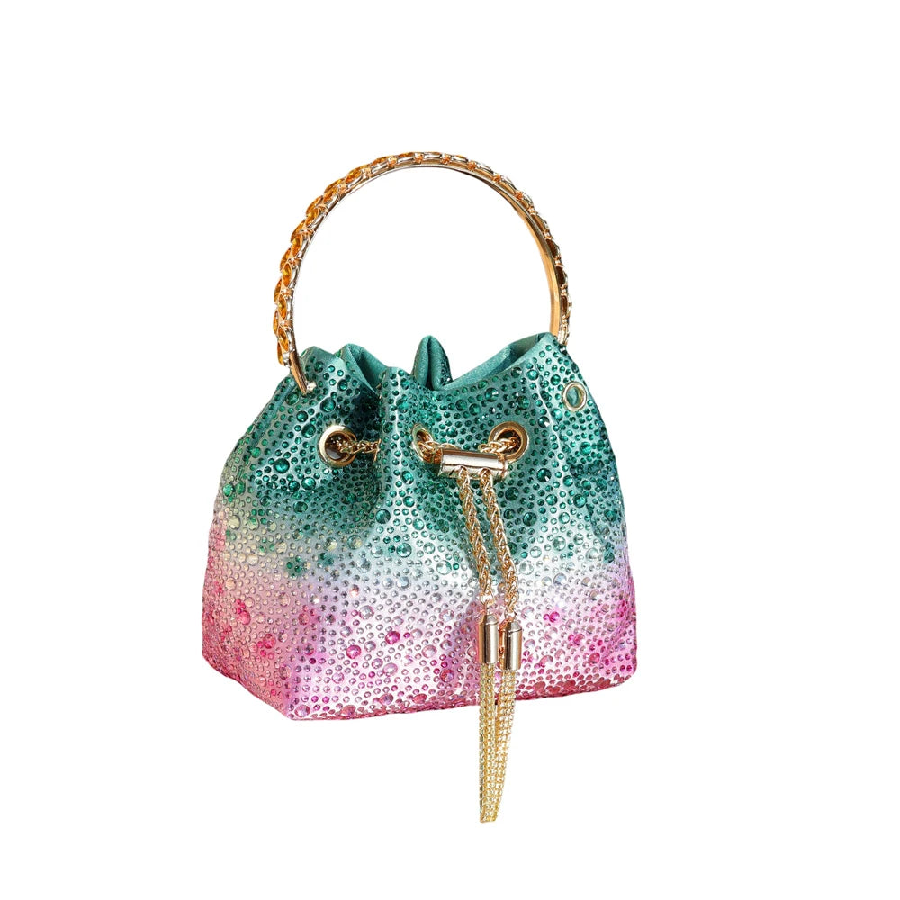 Crystal Bucket Evening Bag (Green Pink) | OWNLUXE