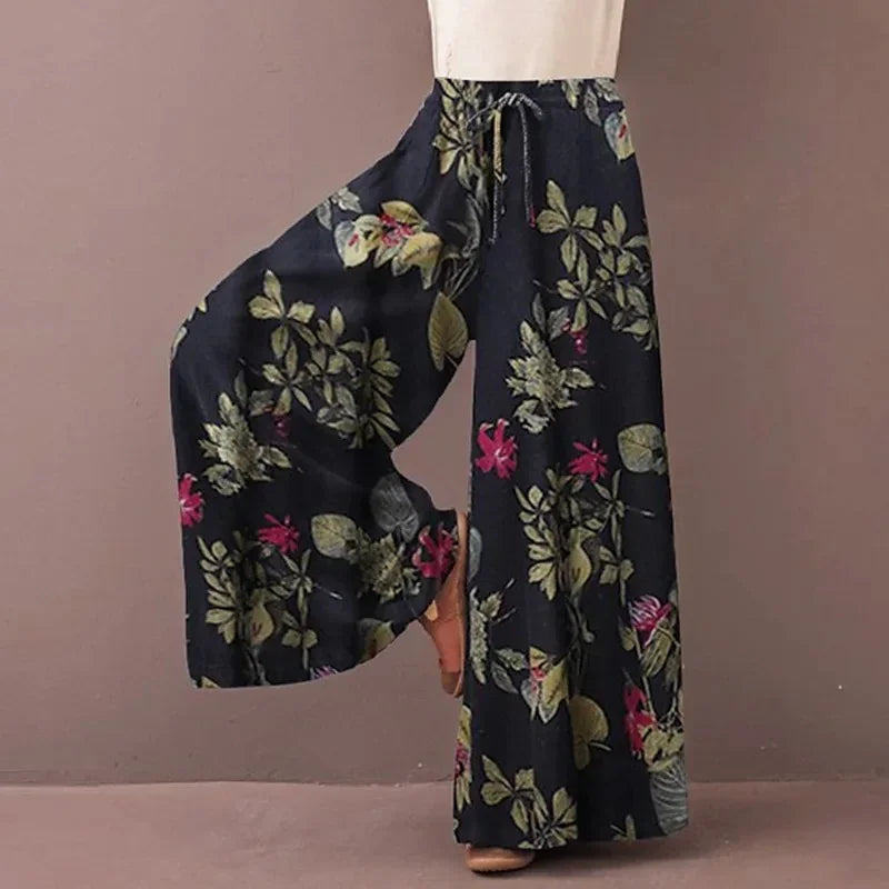 Women's Floral Print Wide Leg Pants - Bohemian Drawstring Trousers