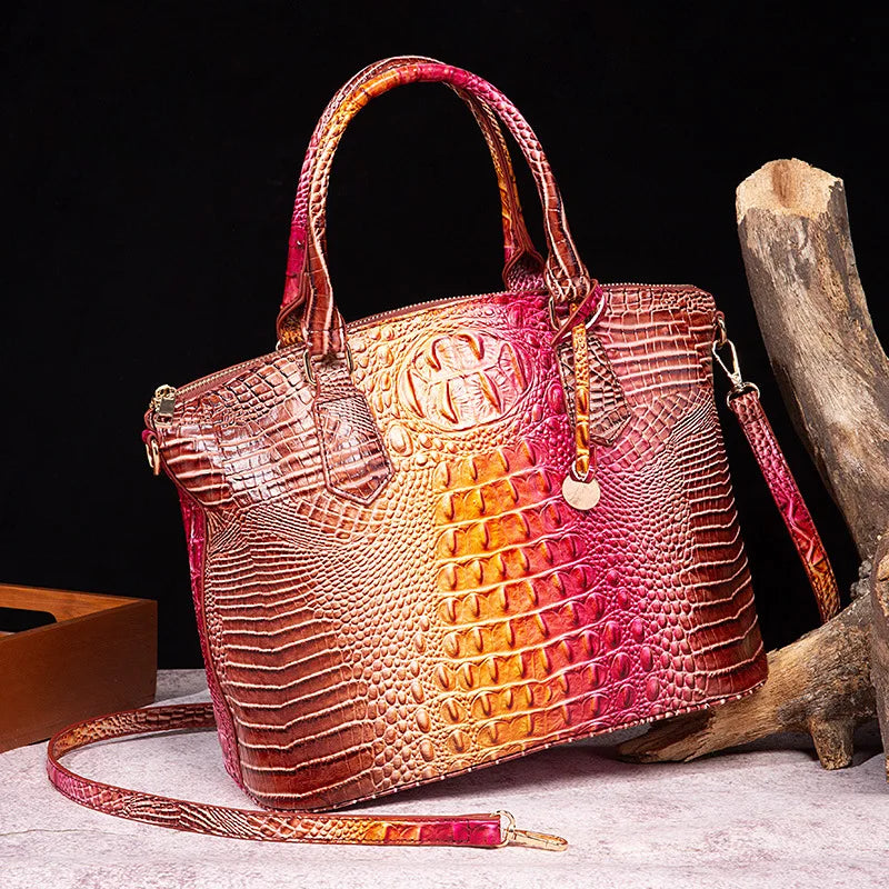 Crocodile Embossed Leather Handbag - Classic Shoulder Bag