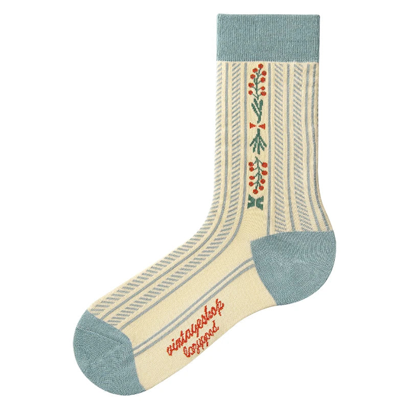 1 Pair Women Socks Spring Autumn Retro Style Men Couple Cotton Socks Flower Stripe Plaid Pattern Solid Colorful Socks EUR 37-43