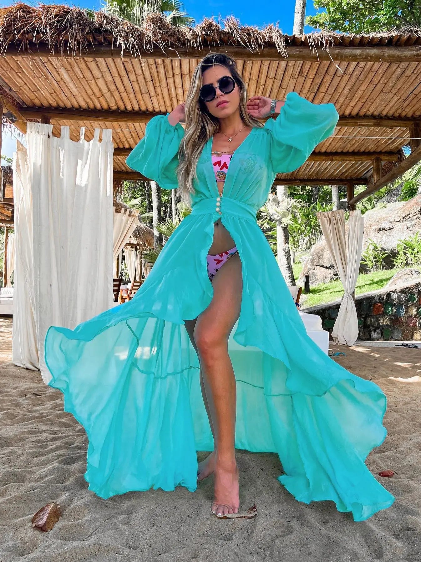 Women Swimsuit Cover Up Sleeve Kaftan Beach Tunic Dress Robe De Plage Solid White Cotton Pareo  High Collar Beachwear