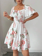 Floral Print Short-Sleeve Ruffle Dress | OWNLUXE