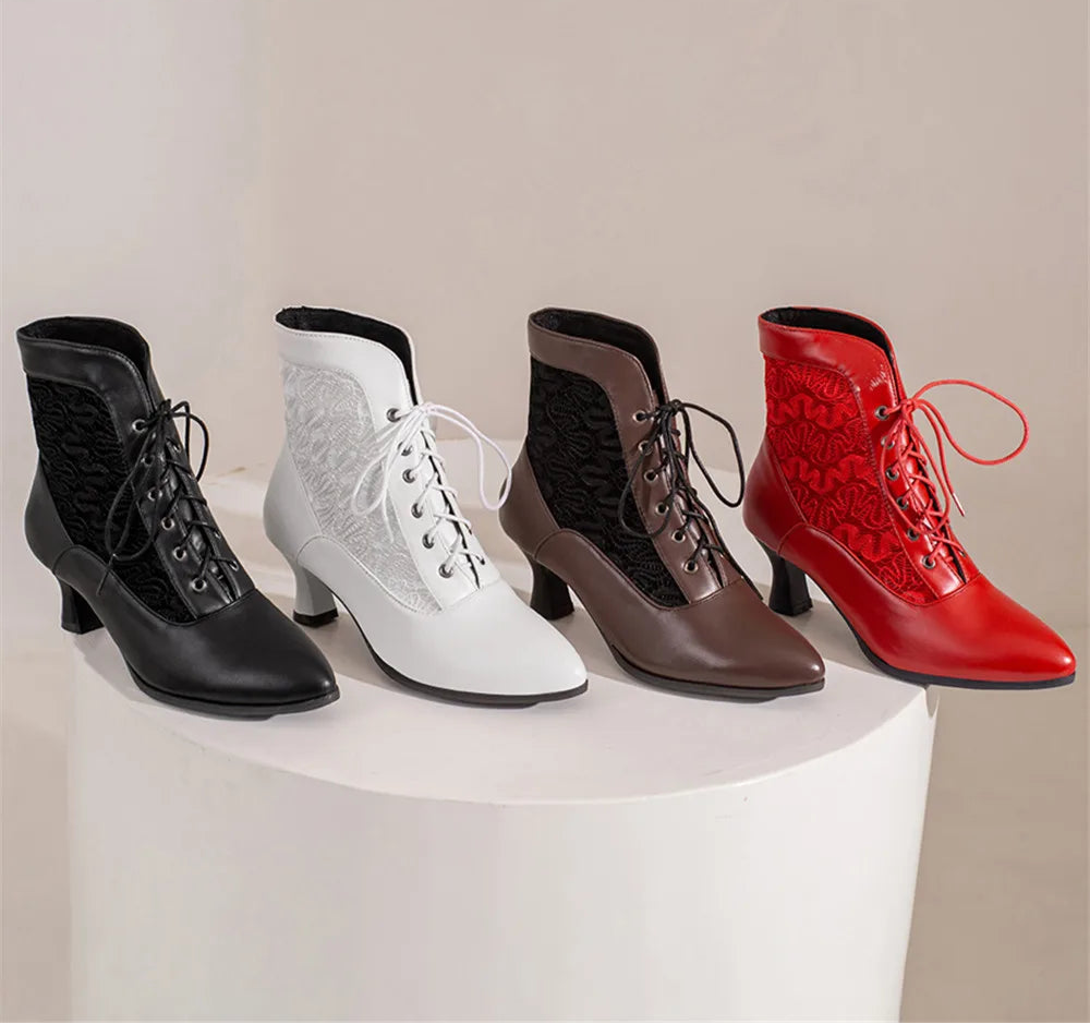 Women’s Retro Lace-Up Ankle Boots – Pointed Toe Hoof Heel