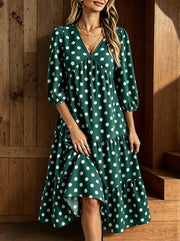 Puff-Sleeve Polka Dot V-Neck Midi Dress | OWNLUXE