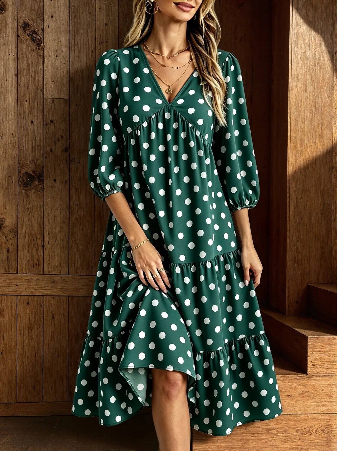 V-Neck Midi Elegant Polka Accessory | OWNLUXE