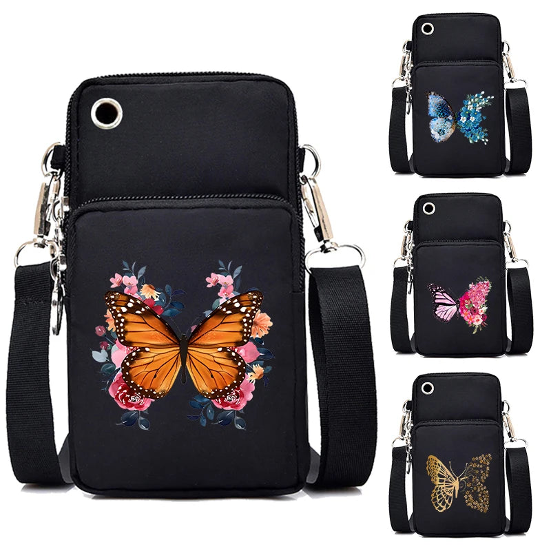 Mini Nylon Phone Crossbody Bag – Butterfly Print Neck Pouch with Zipper