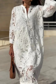 Elegant White Lace Maxi Dress — V-Neck A-Line Party Dress | OWNLUXE