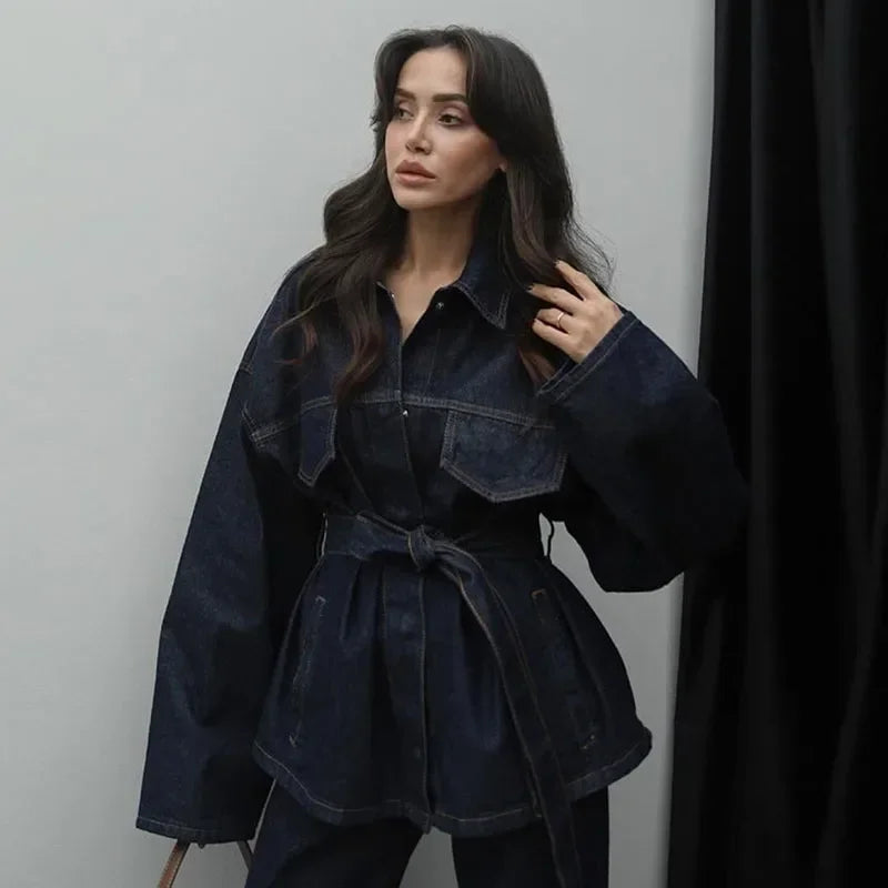 Denim-Look Belted Jacket & Skinny Pants Set - Two-Piece for Women