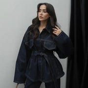 Denim-Look Belted Jacket & Skinny Pants Set - Two-Piece for Women