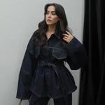 Load image into Gallery viewer, ✨ Women’s Belted Denim-Look Jacket &amp; Pants Set – Mid Waist, Full Sleeve | Ensemble veste et pantalon effet denim pour femme – Taille mi-haute, manches longues ✨
