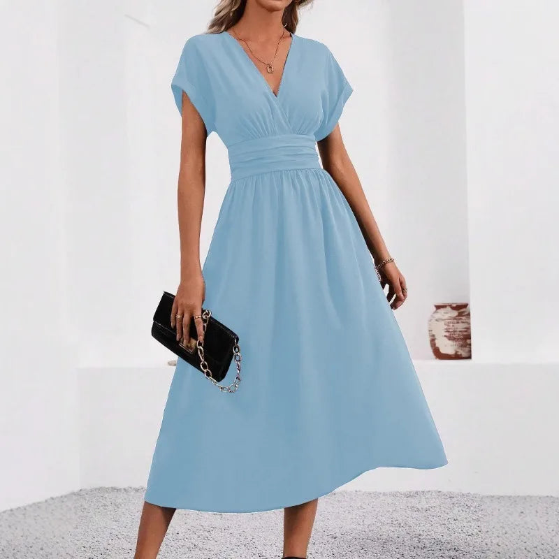 Batwing-Sleeve V-Neck Pleated Dress | OWNLUXE