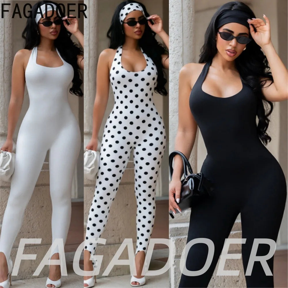 Polka Dot Halter Off-Shoulder Bodycon Jumpsuit | OWNLUXE